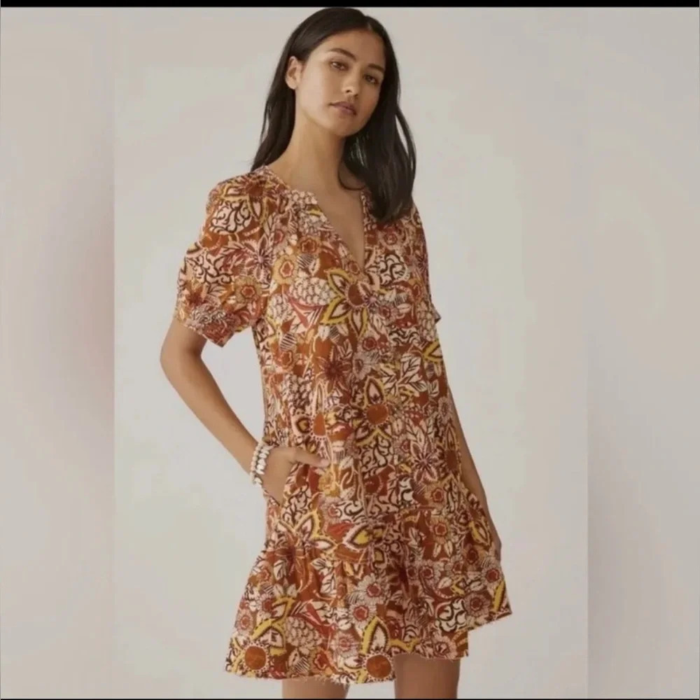 Anthropologie Pilcro Womens Dress Boho Floral Tapestry Puff Sleeve Pockets XS